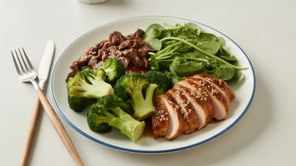 Healthy Panda Express dishes including Broccoli Beef, Super Greens and Teriyaki Chicken