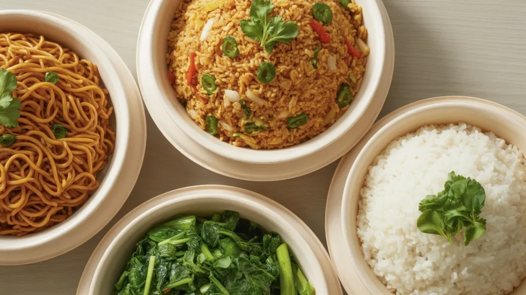Panda Express side dishes including chow mein, fried rice, super greens and white rice