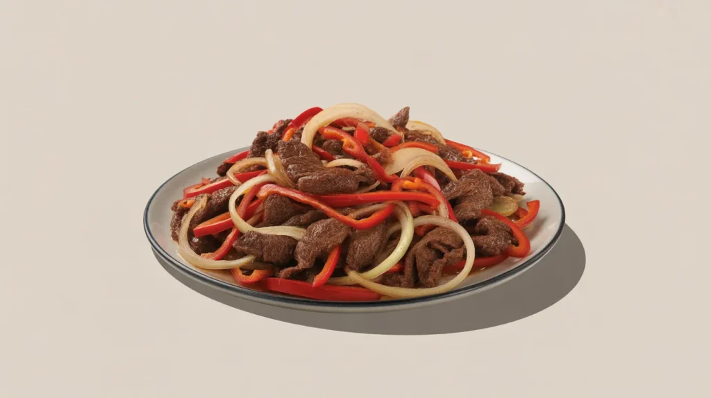 Red bell peppers and sliced onions
